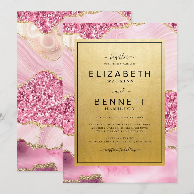 Pink Glitter Gold Agate Wedding Invitation (Front/Back)