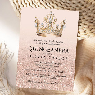 Pink Glitter Gold Crown Quinceanera 15th Birthday Invitation