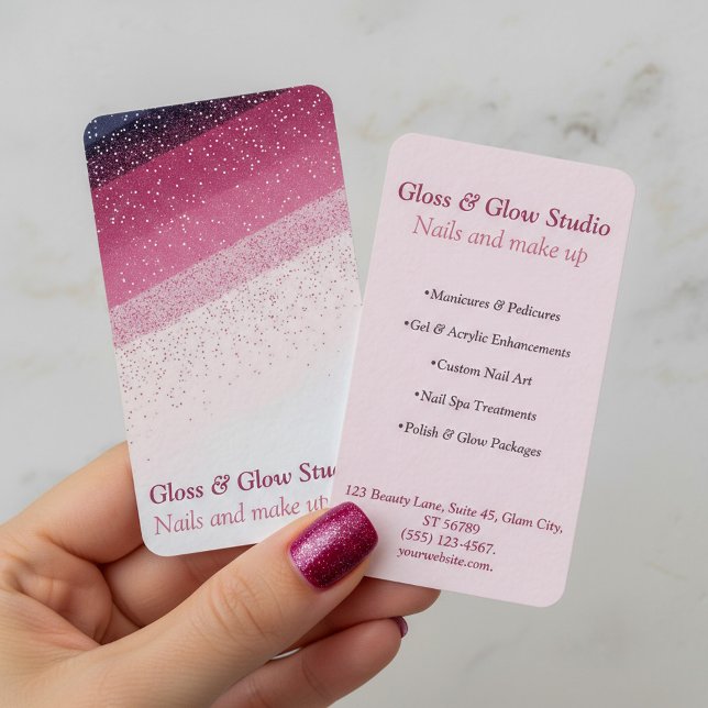 Pink glitter gradient Elegant nail salon beauty Business Card (Pink glitter gradient Elegant nail salon beauty Business Card.)