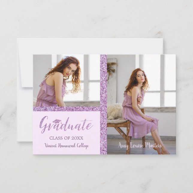 Pink Glitter Graduate Simple 2 Photos Graduation (Front)