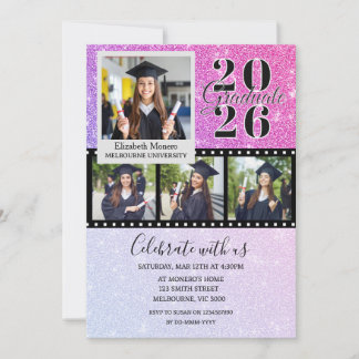 Pink Glitter Graduation Photo Invitation