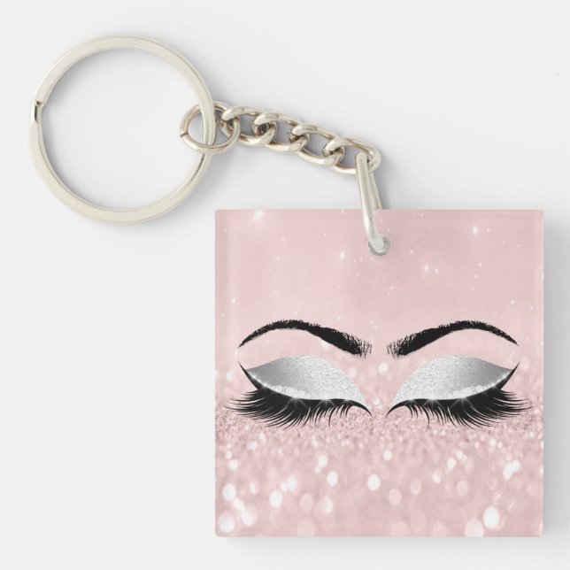Pink Glitter Grey Girly Makeup Lashes Name Eyes Keychain (Front)