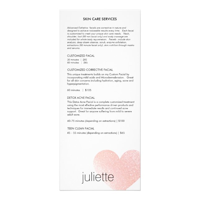 Pink Glitter Heart Aesthetician  Service Price Men Rack Card (Front)