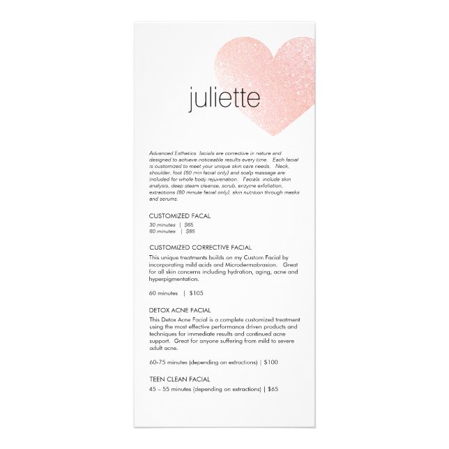 Pink Glitter Heart Aesthetician  Service Price Men Rack Card (Front)
