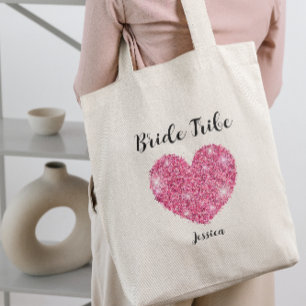 Pink Glitter Heart Bride Tribe Custom Bridesmaid  Tote Bag