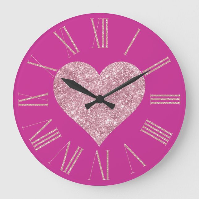 Pink Glitter Heart on Fuchsia Large Clock (Front)