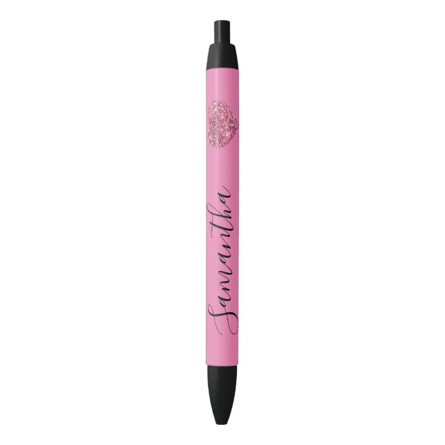 Pink Glitter Heart Personalized Name Black Ink Pen (Front Vertical)