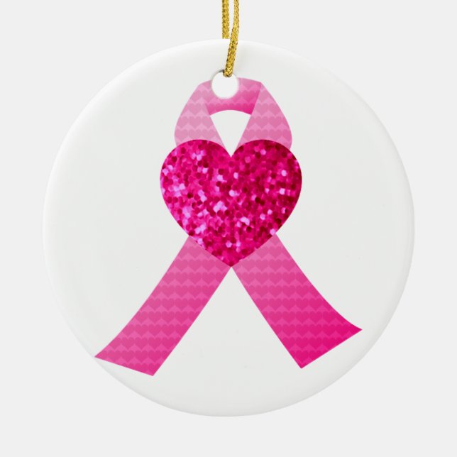 Pink Glitter Heart Ribbon Breast Cancer Awareness Ceramic Ornament (Front)