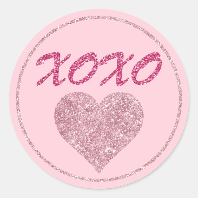 Pink Glitter Heart XOXO Cute Valentine's Classic Round Sticker (Front)