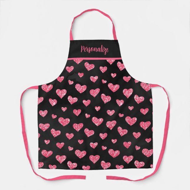Pink Glitter Hearts on Black Romantic Trendy Apron (Front)