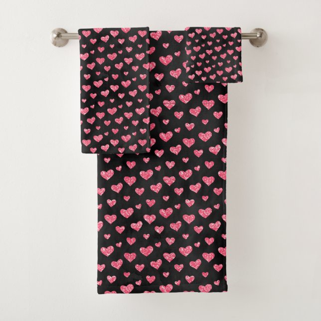 Pink Glitter Hearts on Black Trendy Pattern Bath Towel Set (Insitu)
