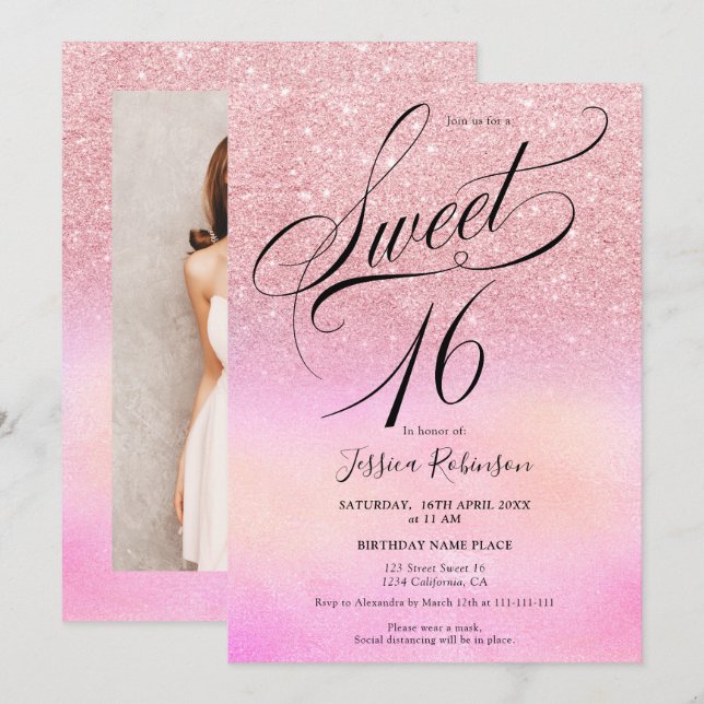 pink glitter holographic script chic Sweet 16 Invitation (Front/Back)