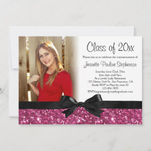 Pink Glitter Image Ribbon Bow Photo Graduation Invitation