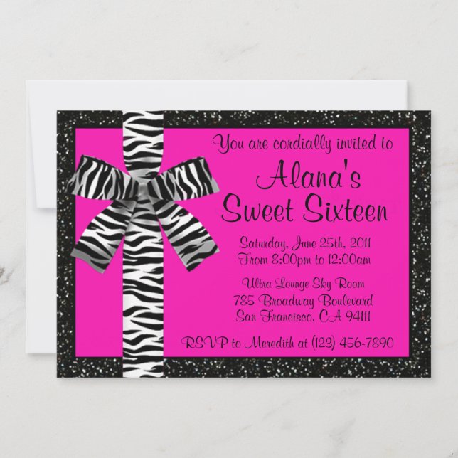 Pink Glitter Invite With Zebra Print Bow (Front)
