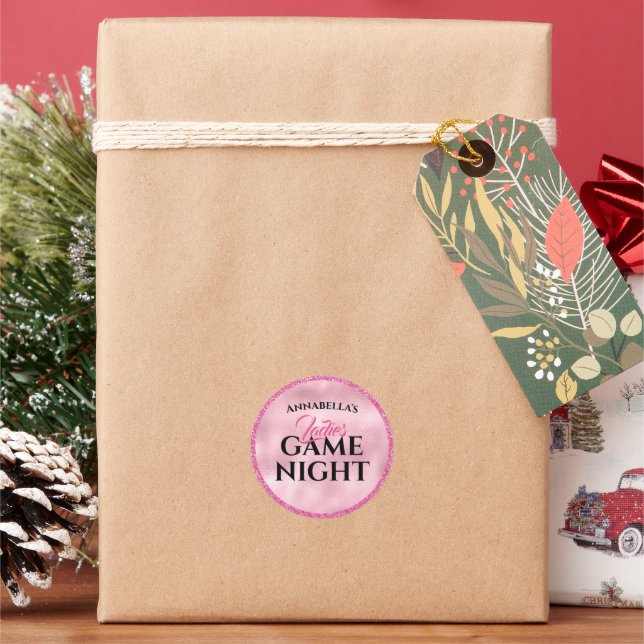 Pink Glitter Ladies Game Night Classic Round Sticker (Holiday)