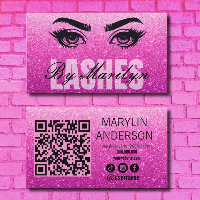 Pink Glitter Lash Technician Scannable QR Code Business Card (Creator Uploaded)