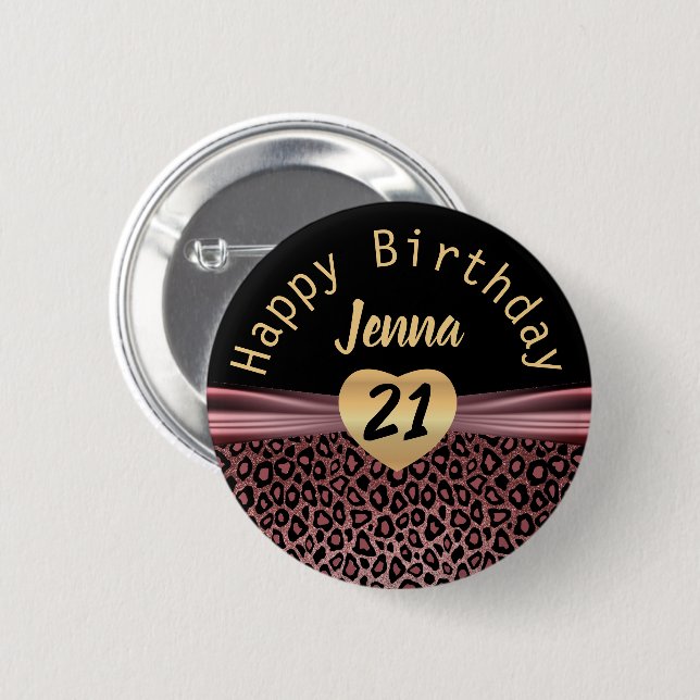 Pink Glitter Leopard Birthday Design 2 Inch Round Button (Front & Back)