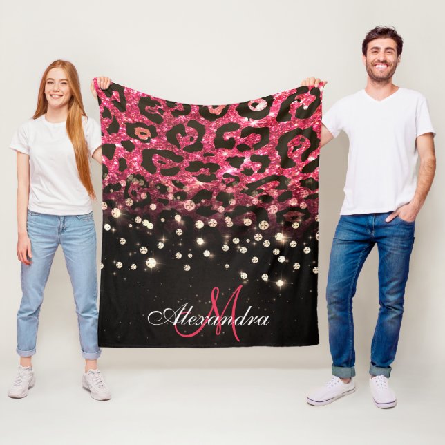 Pink Glitter Leopard Print and Diamonds Fleece Blanket (In Situ)
