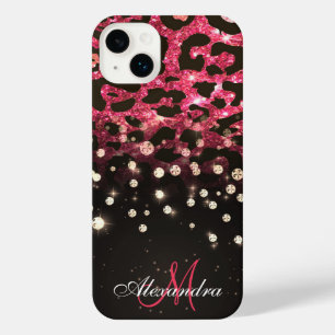 Pink Glitter Leopard Print and Diamonds iPhone 14 Plus Case