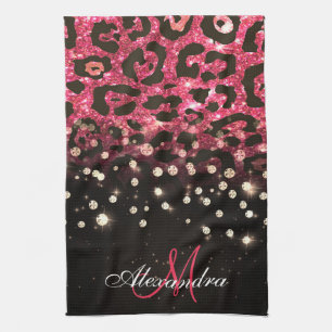 Pink Glitter Leopard Print and Diamonds Kitchen Towel