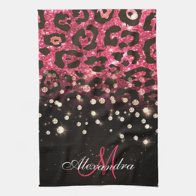 Pink Glitter Leopard Print and Diamonds Kitchen Towel (Vertical)