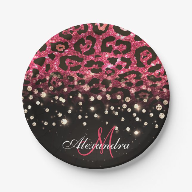 Pink Glitter Leopard Print and Diamonds Paper Plate (Front)