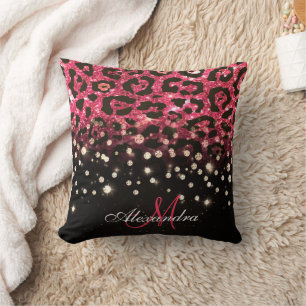 Pink Glitter Leopard Print and Diamonds Throw Pillow