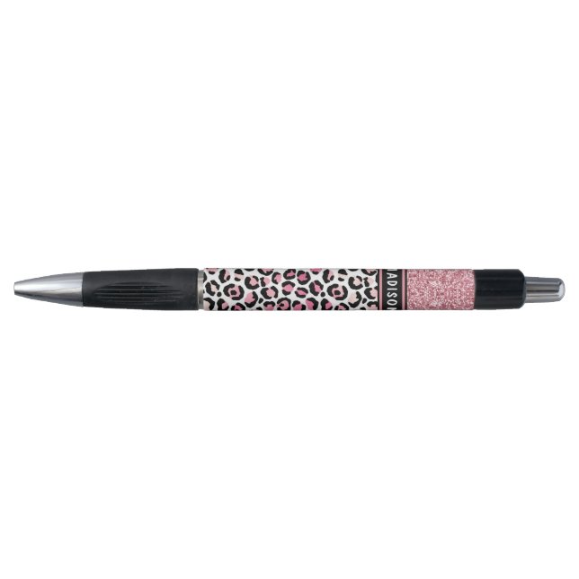 Pink Glitter Leopard Print Shimmer Custom Name Pen (Front)