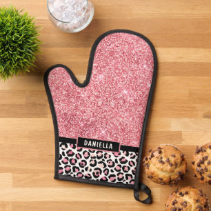 Pink Glitter Leopard Print Shimmer Personalized Oven Mitt