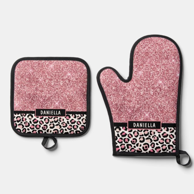 Pink Glitter Leopard Print Shimmer Personalized Oven Mitt & Pot Holder Set (Front)
