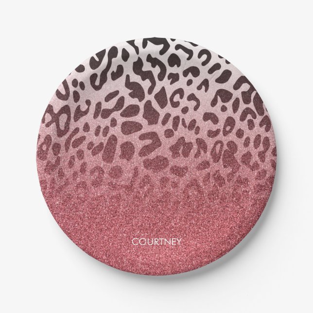 Pink Glitter Leopard Skin Paper Plate (Front)