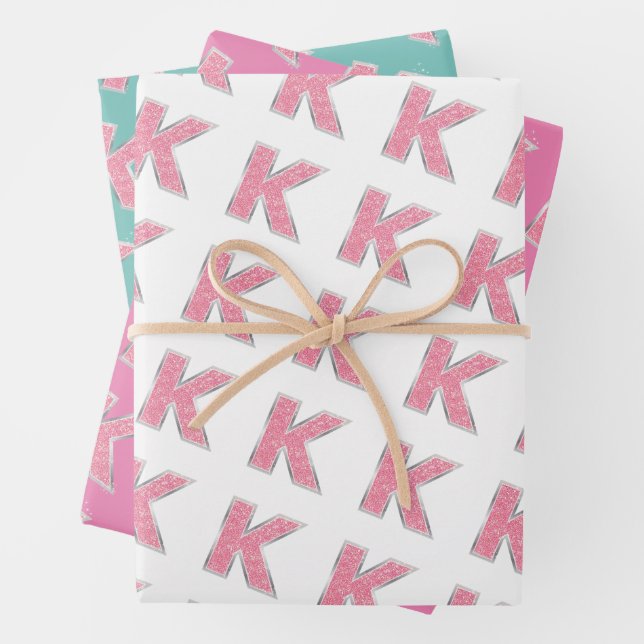 Pink Glitter letter K Wrapping Paper Sheet (In situ)