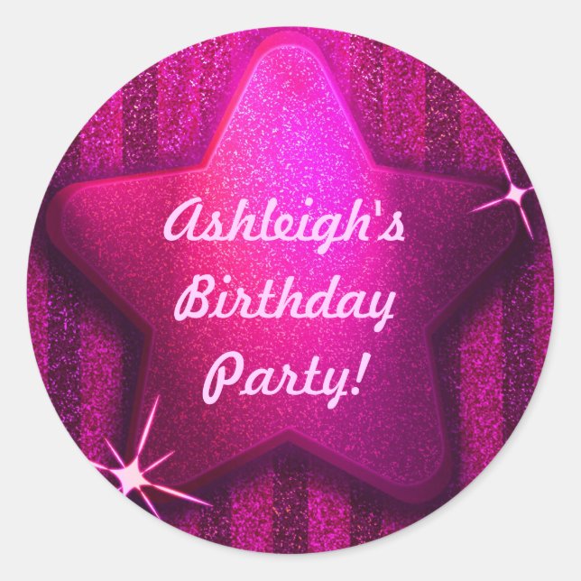 Pink Glitter-Like Star Birthday Party Stickers (Front)