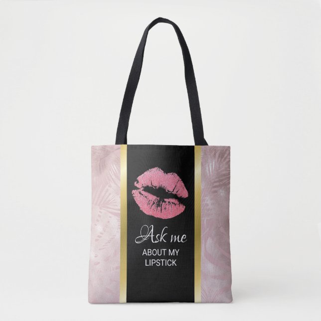Pink Glitter Lips Ask Me About My Lipstick Tote Bag (Front)