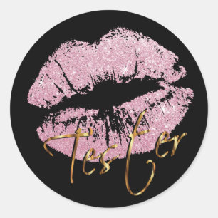Pink Glitter Lips on Black - Tester Classic Round Sticker