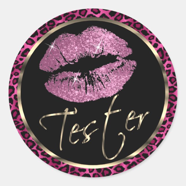 Pink Glitter Lips on Leopard Print Classic Round Sticker (Front)