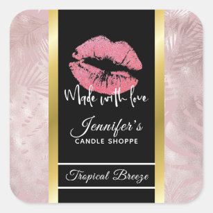 Pink Glitter Lips & Rose Gold Leaves Candle Square Sticker