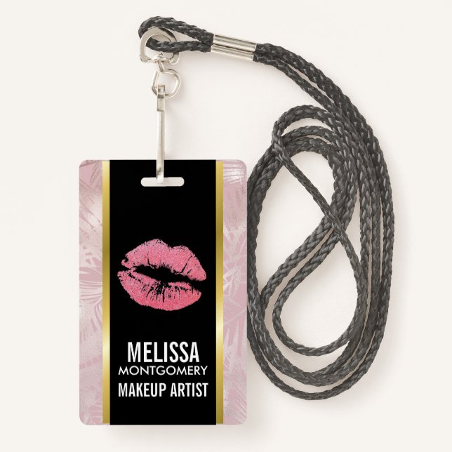 Pink Glitter Lips & Rose Gold Tropical Leaves Badge (Front with Lanyard)