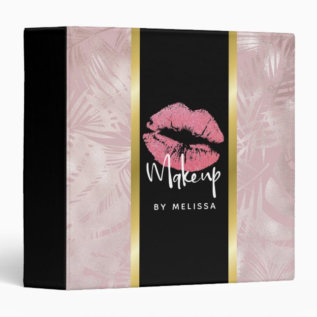 Pink Glitter Lips & Rose Gold Tropical Leaves Binder (Front/Spine)