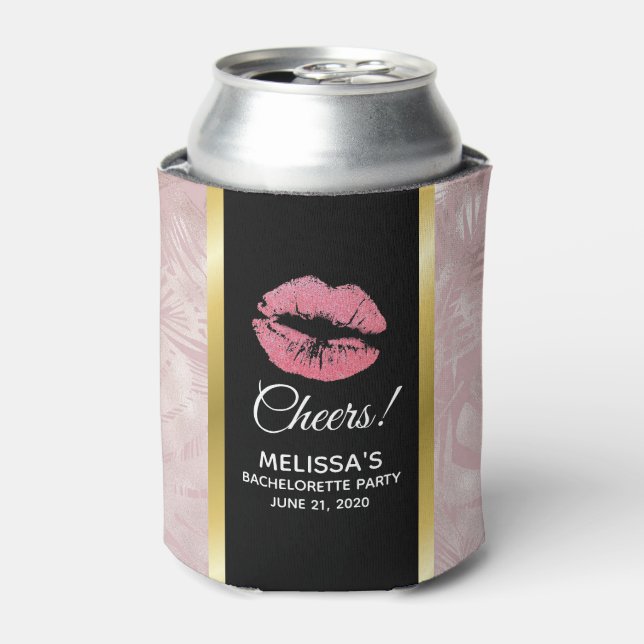 Pink Glitter Lips & Rose Gold Tropical Leaves Can Cooler (Can Front)