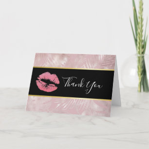 Pink Glitter Lips & Rose Gold Tropical Leaves Card