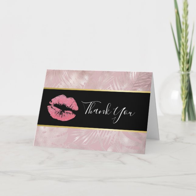 Pink Glitter Lips & Rose Gold Tropical Leaves Card (Front)