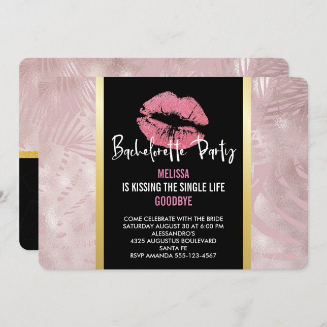 Pink Glitter Lips & Rose Gold Tropical Leaves Invitation (Front/Back)