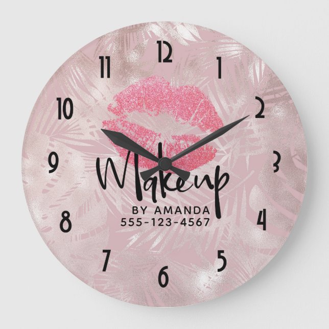 Pink Glitter Lips & Rose Gold Tropical Leaves Large Clock (Front)