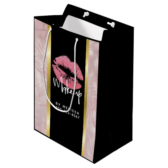 Pink Glitter Lips & Rose Gold Tropical Leaves Medium Gift Bag (Front Angled)