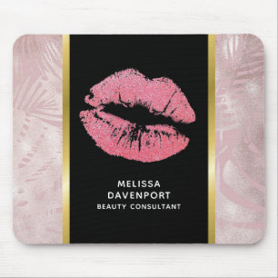 Pink Glitter Lips & Rose Gold Tropical Leaves Mouse Pad