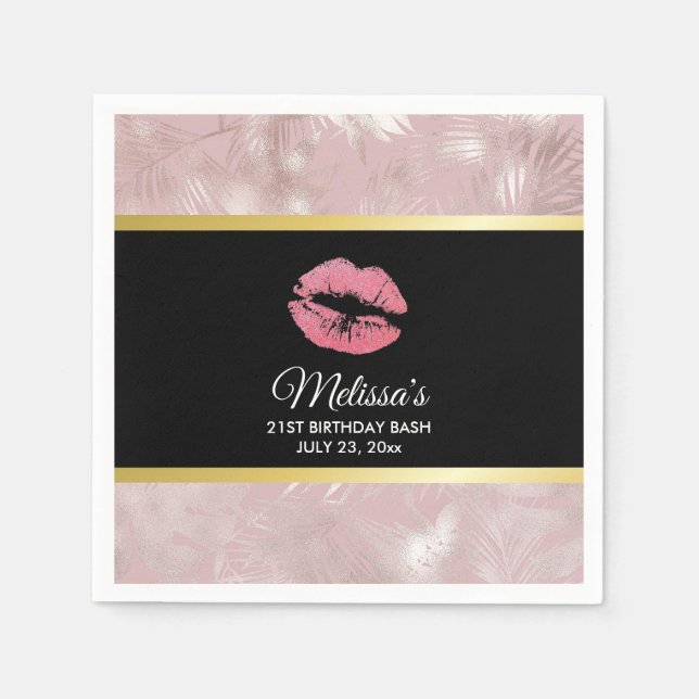 Pink Glitter Lips & Rose Gold Tropical Leaves Napkin (Front)
