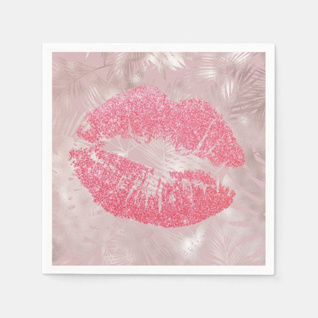 Pink Glitter Lips & Rose Gold Tropical Leaves Napkin (Front)