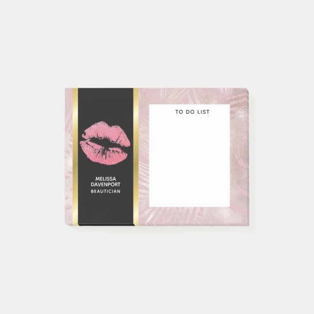 Pink Glitter Lips & Rose Gold Tropical Leaves Post-it Notes (Front)