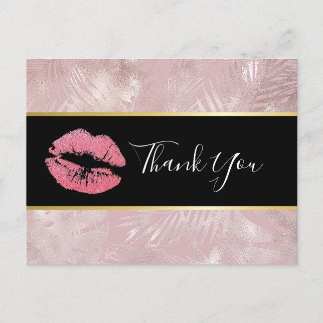 Pink Glitter Lips & Rose Gold Tropical Leaves Postcard (Front)